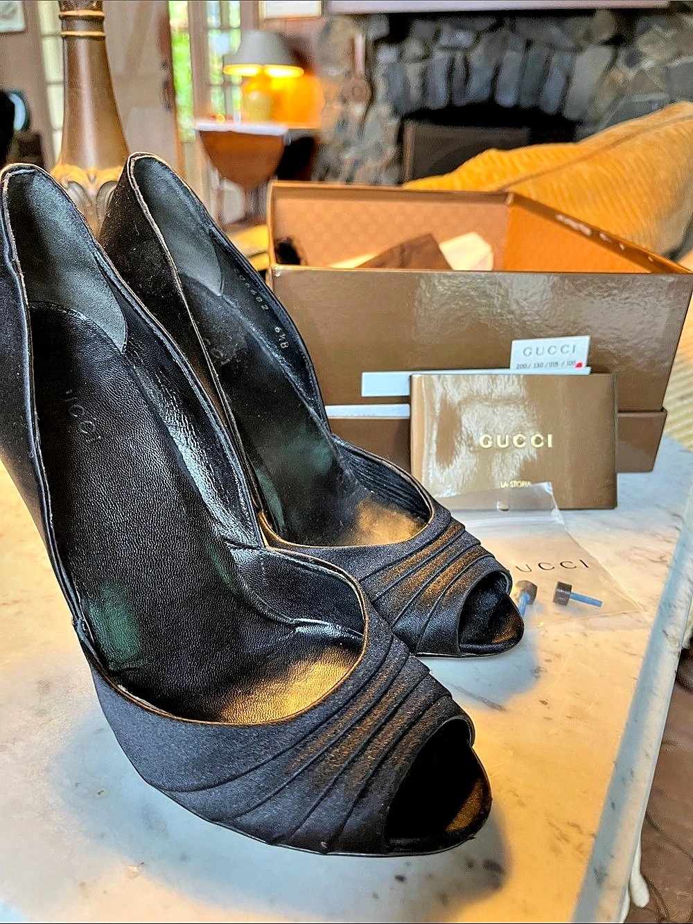 Gucci Black Satin Peep-Toe Heels